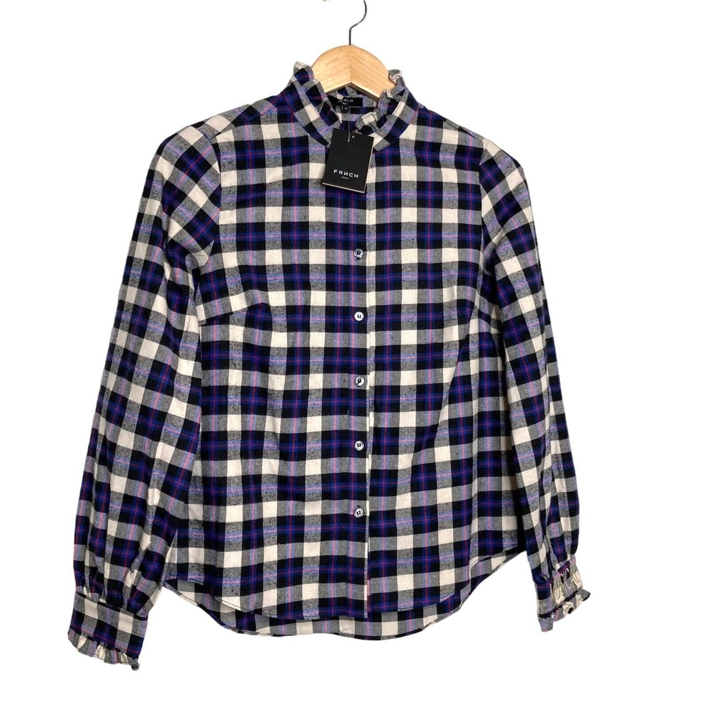 FRNCH Paris Plaid Flannel Long Sleeve Women's Button Down Shirt XS NWT